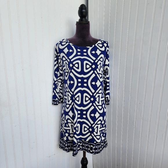 Laundry By Design Dress Womens Blue White Geo Print Stretch 3/4 Sleeve Sz 4 - Picture 1 of 10